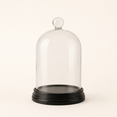 Delia petite cloche en verre avec support en bois noir