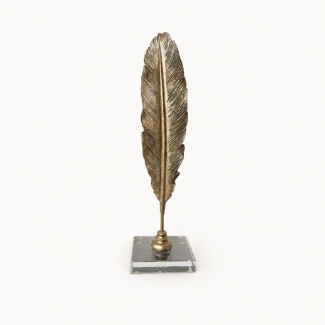 Plume décorative dorée en résine sur socle carré en verre – 38,5 cm