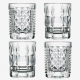 Quatre shooters After en verre pressé transparent aux décors assortis.