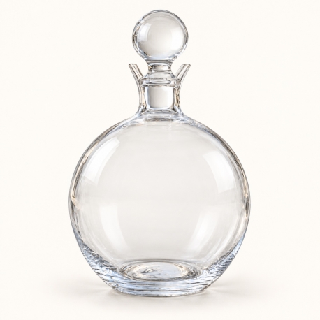 Élégante carafe ronde en verre transparent avec bouchon boule.