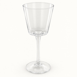 Photophore conique Jolipa sur pied en verre transparent, hauteur 27 cm, sur fond clair.